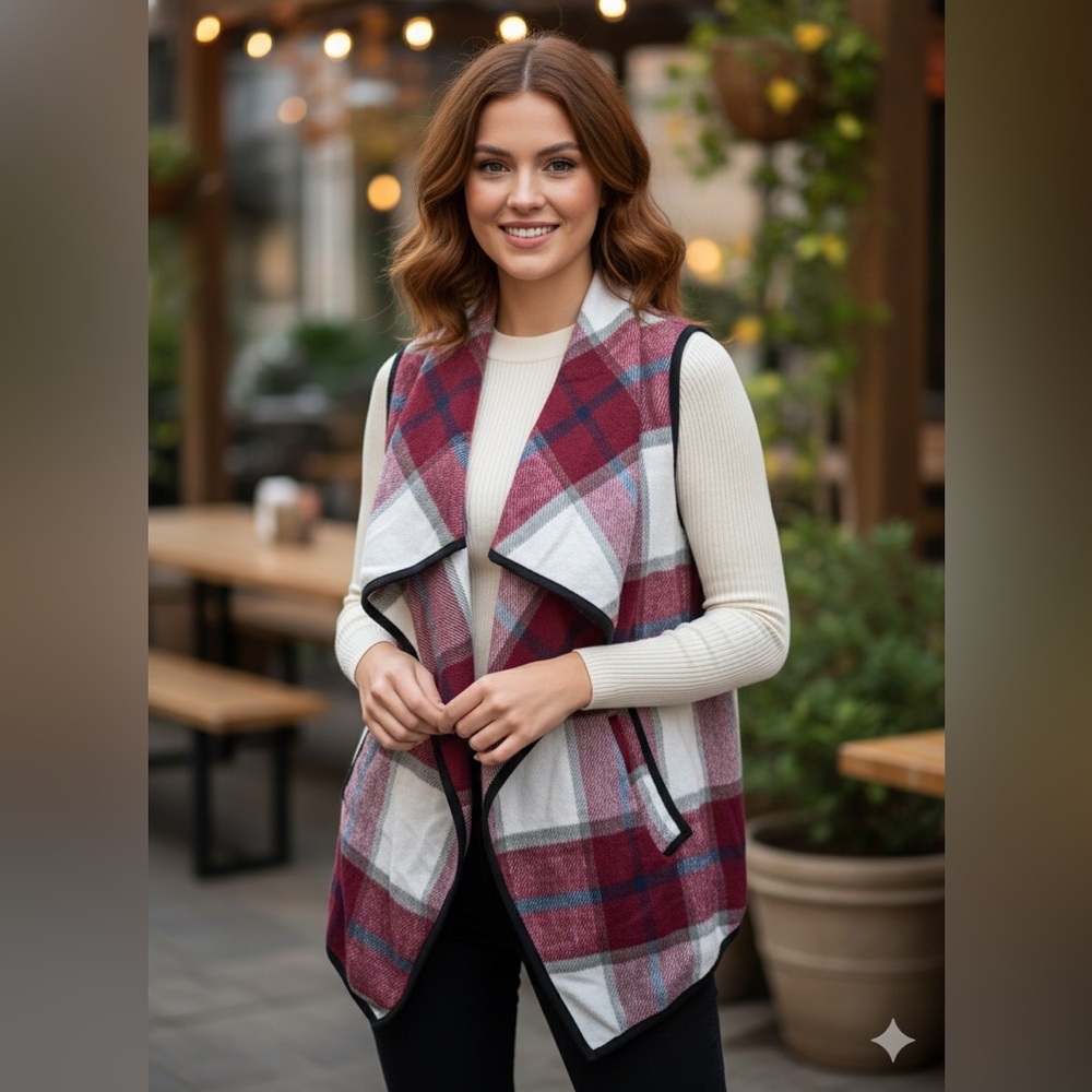 Yacun Cardigan Plaid Open Front Waterfall Vest - Burgundy/White- Size M